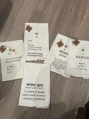 Set of 5 Mud Pie Funny Wine Themed Tea Towels Kitchen Towels NWT